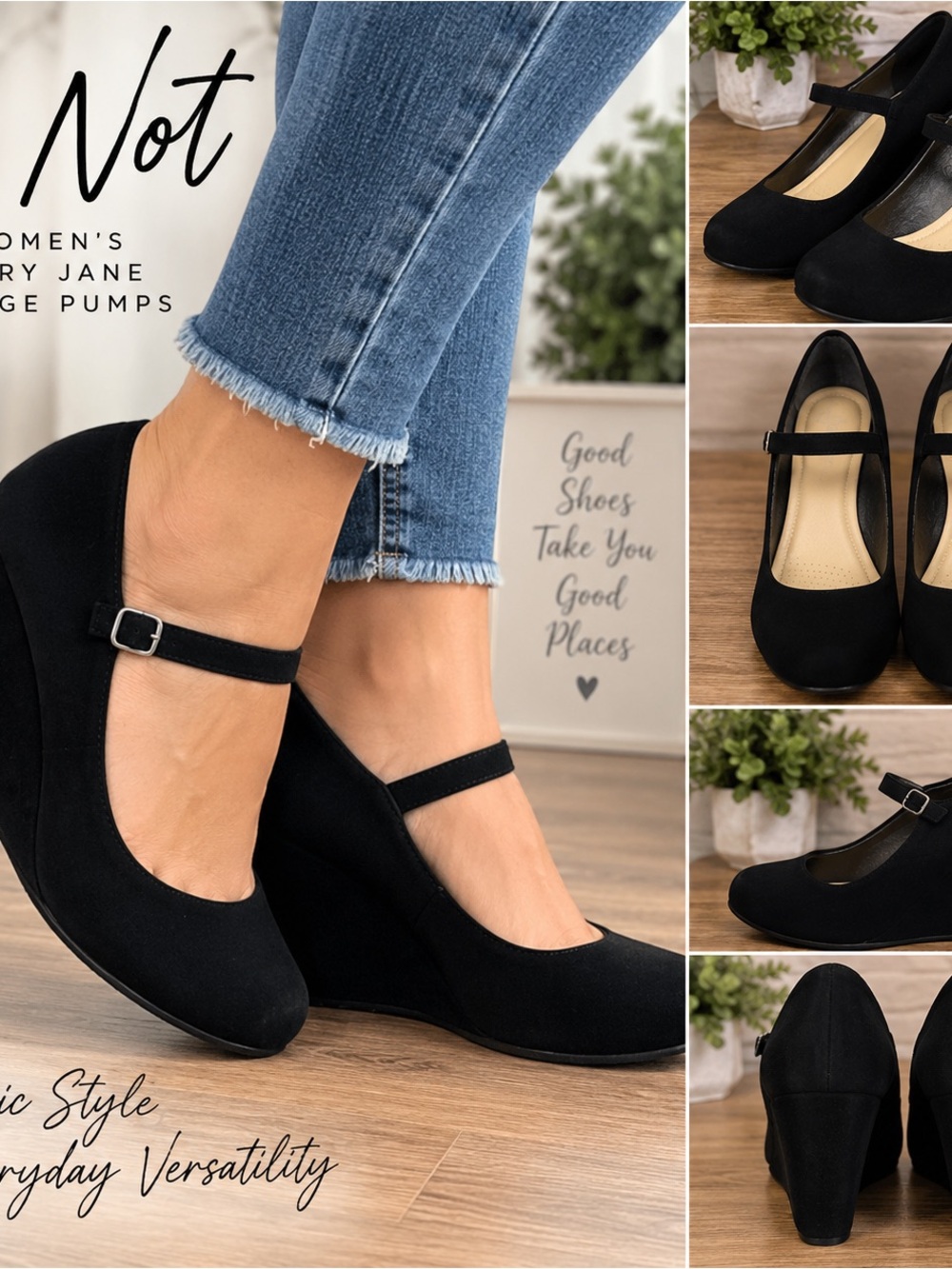 Black Faux Suede Mary Jane Wedge Pumps Round Toe Women’s